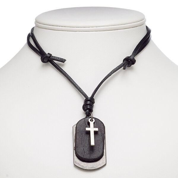 Necklace, leather (dyed) with gunmetal-plated steel and "pewter" (zinc-based alloy), black, 49x28mm dog tag with cross, adjustable up to 26 inches with knot closure. Sold individually. image number 0