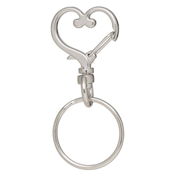 Key ring, imitation rhodium-finished brass and steel, 56x25.5mm overall with 24x21.5mm self-closing heart on a swivel and 25.5mm split ring. Sold per pkg of 5. image number 0