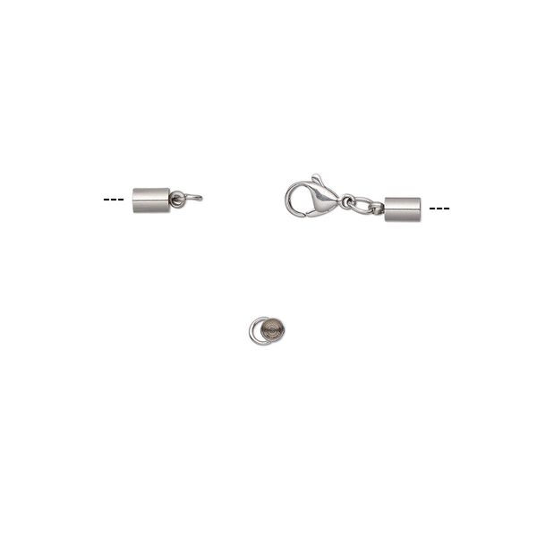 Clasp, lobster claw, stainless steel, 33x8mm with 12x8mm and 6x4mm cord ends, 3mm inside diameter. Sold individually. image number 0