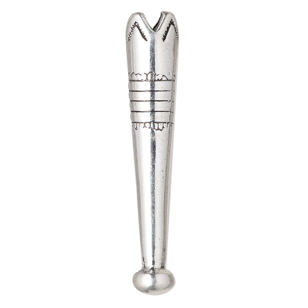 Bolo tip, antique silver-finished "pewter" (zinc-based alloy), 51x9.5mm with 8mm ball and ridged design. Sold per pkg of 4. image number 0
