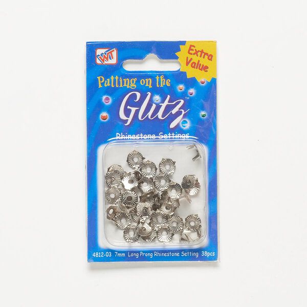 Rhinestone setting, Westrim®, silver-finished "pewter" (zinc-based alloy), 8x5mm 4-prong round, fits 7mm rhinestone. Sold per pkg of 38. image number 0