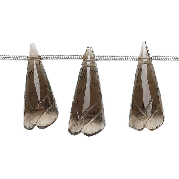 Smoky quartz 1pkg5, hand-cut top-drilled carved cone flower bead graduated 18x8mm-24x10mm image number 0