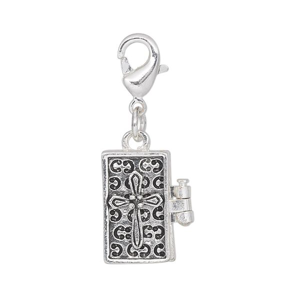 Drop, antique silver-finished "pewter" (zinc-based alloy), 17x10mm rectangle prayer box with cross design and magnetic closure with lobster claw clasp. Sold individually. image number 0