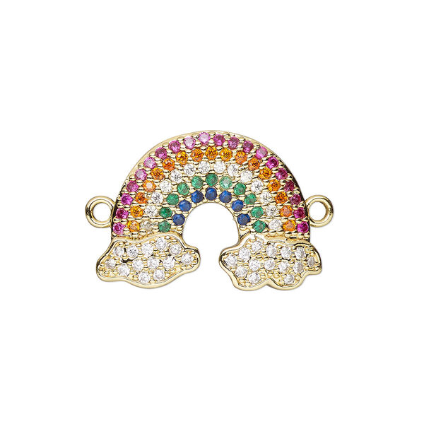 Link, cubic zirconia and gold-finished brass, multicolored, 20x14mm single-sided rainbow. Sold individually. image number 0