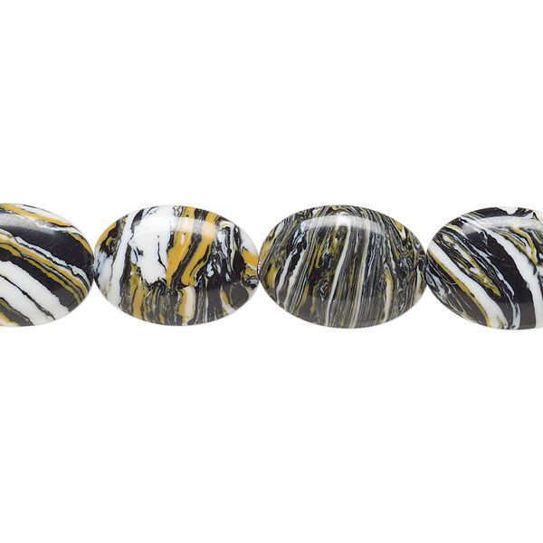 Bead, resin, black / white / dark yellow, 14x10mm flat oval. Sold per 15" to 16" strand. image number 0