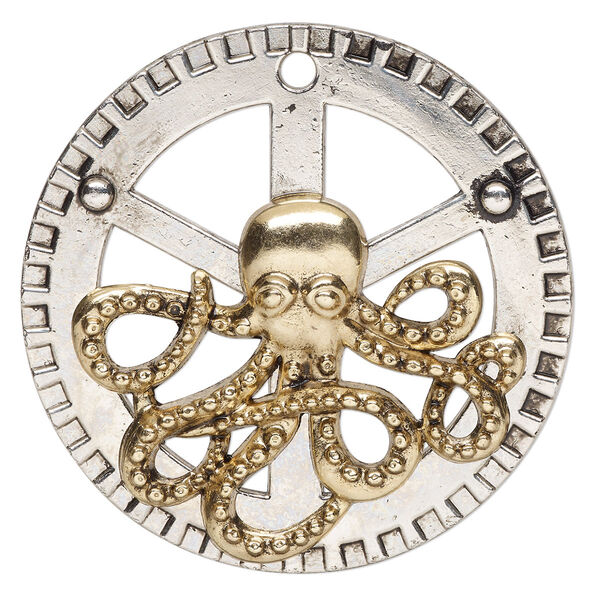 Focal, antique silver- and gold-finished "pewter" (zinc-based alloy), 2-inch single-sided round gear with octopus. Sold individually. image number 0