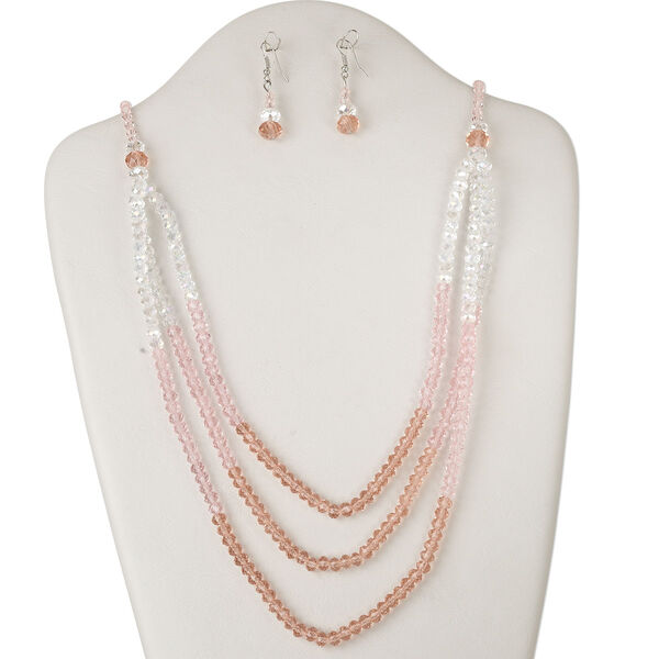 Necklace and earring set, glass and silver-finished steel, clear AB / light pink / medium pink, rondelle and bicone, 30-inch continuous loop, 43x10mm earrings with fishhook ear wire. Sold per set. image number 0