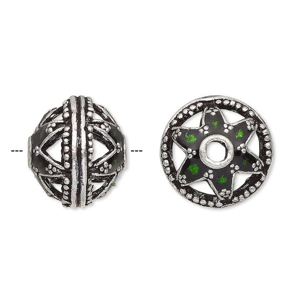 Bead, enamel and antique silver-plated brass, transparent green, 16x14mm beaded rondelle with star design. Sold individually. image number 0