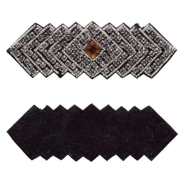 Sew-on component, velveteen / glass / silver-finished brass, black / silver-lined clear / amber brown, 4 x 1-1/4 inch geometrical pattern. Sold individually. image number 0