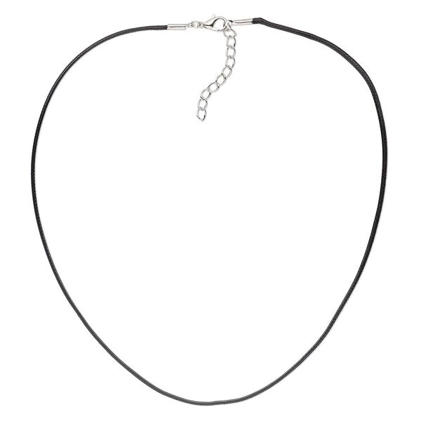Necklace cord, waxed cotton cord with imitation rhodium-finished steel and "pewter" (zinc-based alloy), black, 1.5mm round, 24 inches with 1-1/2 inch extender chain and lobster claw clasp. Sold per pkg of 4. image number 0