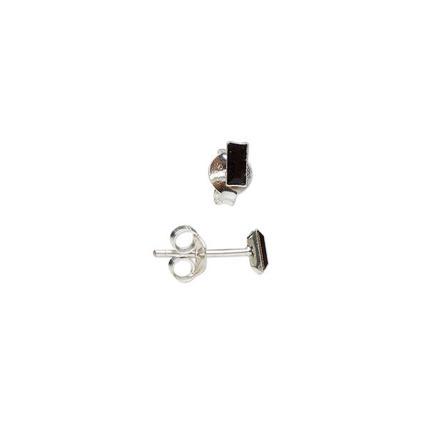 Ear stud, sterling silver and glass, jet, 4x2mm rectangle. Sold per pair. image number 0