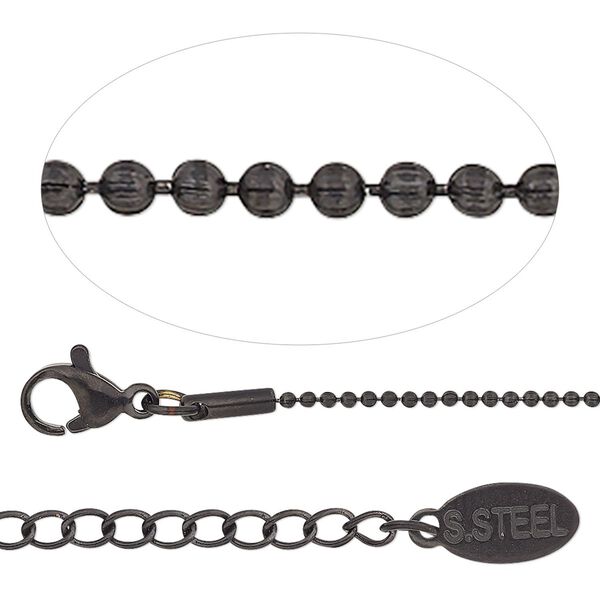 Chain, black-finished stainless steel, 1.2mm ball, 24 inches with 2-inch extender chain and lobster claw clasp. Sold individually. image number 0