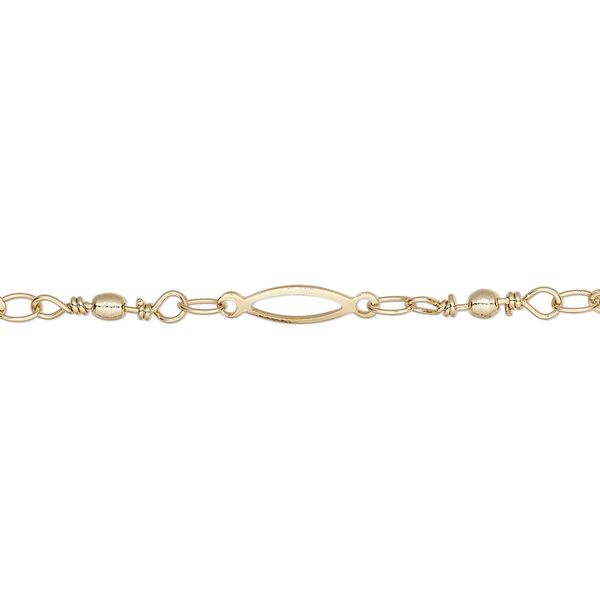 Chain, gold-finished brass, 11x2mm open oval and handmade wire-wrapped links with 2mm ball. Sold per pkg of 5 feet. image number 0
