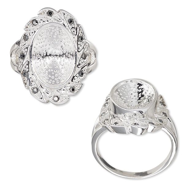 Ring, Almost Instant Jewelry®, glass rhinestone and silver-plated "pewter" (zinc-based alloy), grey, 23.5mm wide with leaf design and 14x10mm oval setting, size 8. Sold individually. image number 0