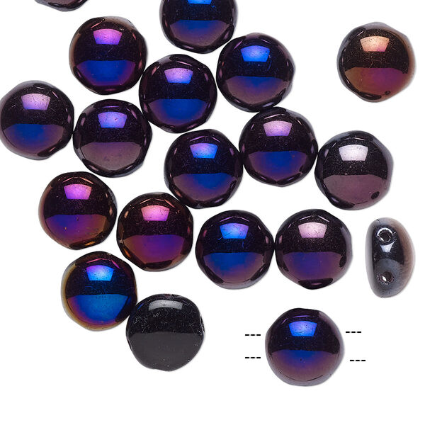 Bead, Preciosa Candy™, Czech pressed glass, opaque black with half-coat iris violet red, 8mm candy with (2) 0.8-0.9mm holes. Sold per pkg of 20. image number 0