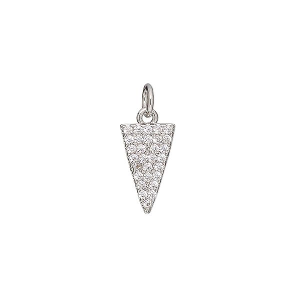 Drop, cubic zirconia and silver-finished brass, clear, 13.5x13.5x8mm single-sided triangle. Sold individually. image number 0