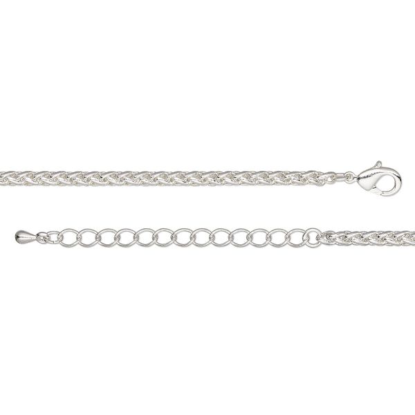 Chain, silver-plated brass, 3.2mm ponytail, 36 inches with 2-inch extender chain and lobster claw clasp. Sold individually. image number 0