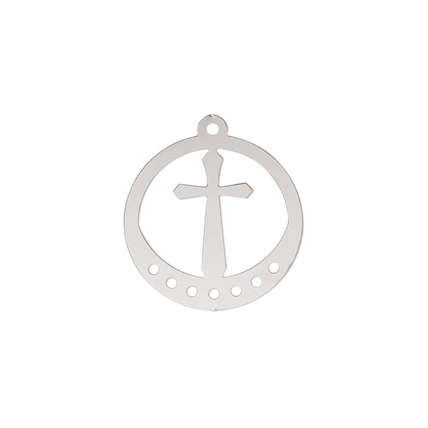 Drop, Lazer Lace™, stainless steel, 18mm double-sided open round with cross and 7 loops. Sold per pkg of 4. image number 0