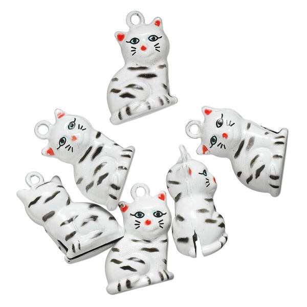 Bell, brass and enamel, white / black / red, 21x18mm cat with clapper. Sold per pkg of 6. image number 0