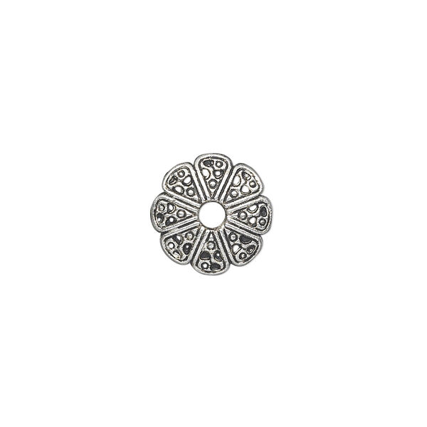 Bead cap, antique silver-plated "pewter" (zinc-based alloy), 12x2mm filigree round, fits 10-18mm bead. Sold per pkg of 50. image number 0