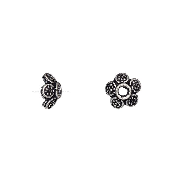 Bead cap, antique silver-plated white brass, 8x4mm fancy flower, fits 8-10mm bead. Sold per pkg of 10. image number 0