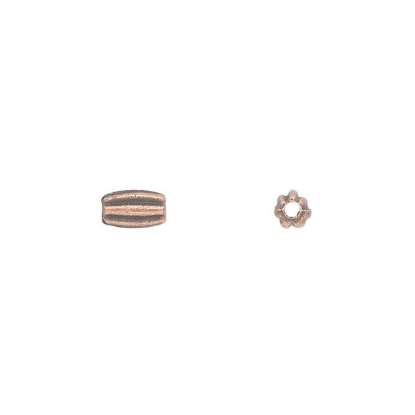 Bead, antique copper-plated "pewter" (zinc-based alloy), 7x4mm corrugated round tube. Sold per 100. image number 0