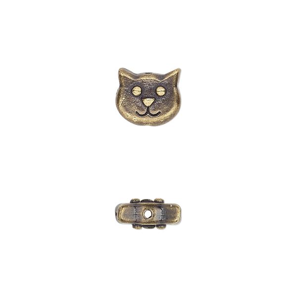 Bead, TierraCast®, antique brass-plated pewter (tin-based alloy), 10x8.5mm double-sided cat face. Sold per pkg of 20. image number 0