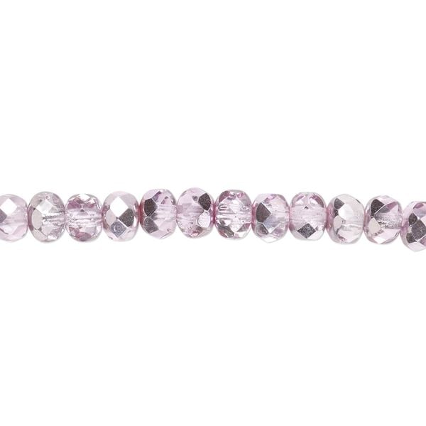 Bead, Czech fire-polished glass, pink silver, 5x4mm faceted rondelle. Sold per 15-1/2" to 16" strand. image number 0