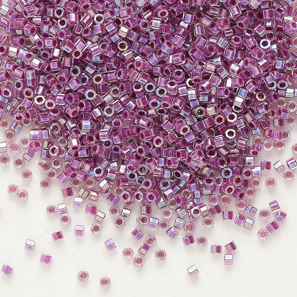 Seed bead, Delica®, glass, pkg/7.5g, #11 cut, translucent raspberry-lined rainbow crystal clear (DBC-0056). image number 0