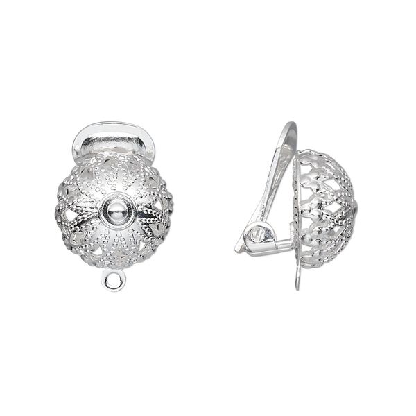 Earring clip-on 1pkg100 silver-plated, 15mm / 12mm filigree half-ball / closed loop, brass 50 pair image number 0