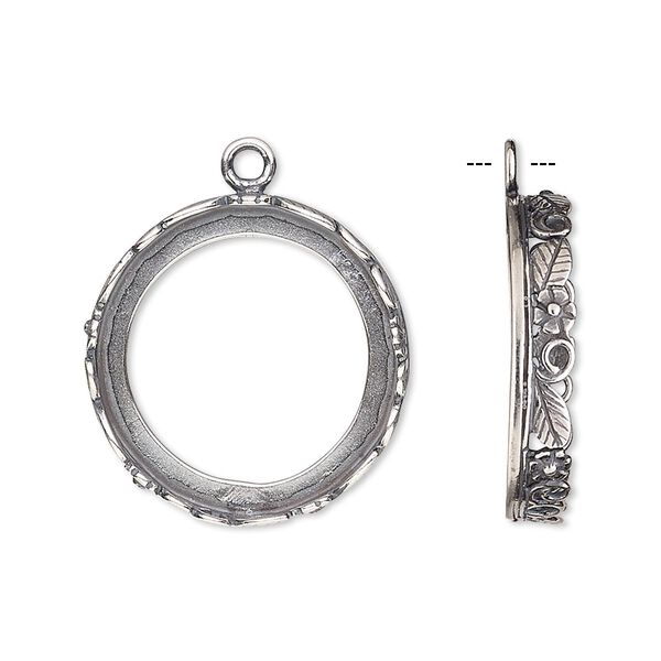 Drop, JBB Findings, antique silver-plated brass, 22mm round with open back and flower and leaf design trim, 20mm round bezel setting. Sold per pkg of 2. image number 0