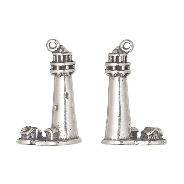 Charm, antiqued sterling silver, 23x15.5mm 3D lighthouse. Sold individually. image number 0