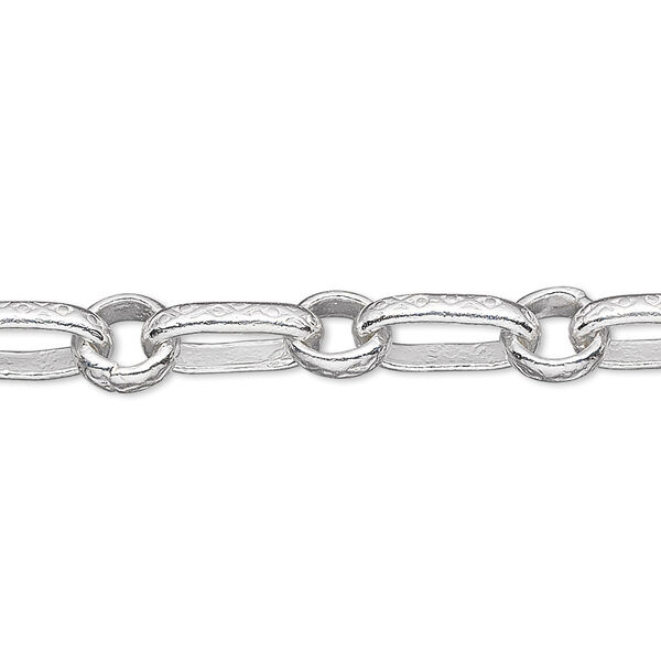Chain, Hill Tribes, sterling silver, pkg/2 feet, 7mm engraved textured long and short oval. image number 0
