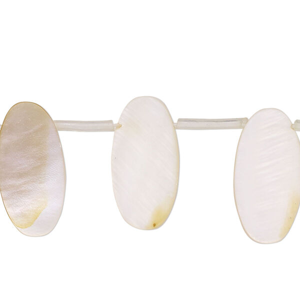 Bead, mother-of-pearl shell (bleached), white, 20x7mm-21x11mm top-drilled flat oval, Mohs hardness 3-1/2. Sold per 15-inch strand, approximately 20 beads. image number 0