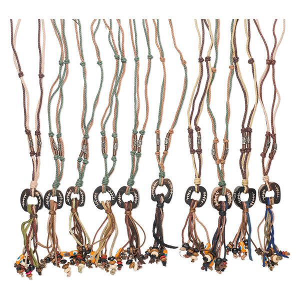 Necklace mix, bone / leather / wood / hemp (dyed), mixed colors, 5-inch dangle with mixed shape pendant and accent beads, 28 inches hemp cord with bone and cord button-style clasp. Sold per pkg of 10. image number 0