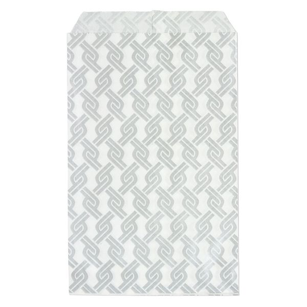 Bag, paper, white and silver, 6x4 inch rectangle with chainlink-print and scalloped top edge. Sold per pkg of 100. image number 0