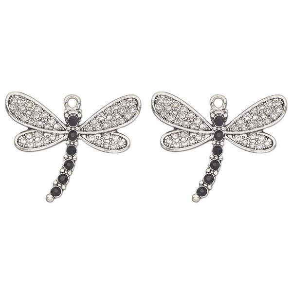 Focal, antique silver-finished "pewter" (zinc-based alloy) and glass, clear and black, 33x23mm single-sided dragonfly. Sold per pkg of 2. image number 0