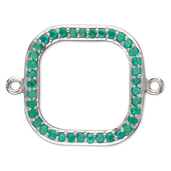 Link, green onyx (dyed) and sterling silver, 20x20mm single-sided open square. Sold individually. image number 0