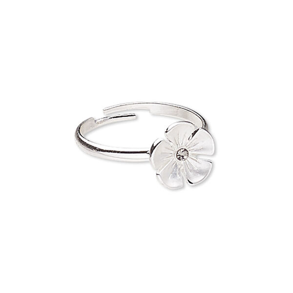 Ring, glass rhinestone and silver-plated "pewter" (zinc-based alloy), grey, 11x11mm flower, adjustable. Sold individually. image number 0