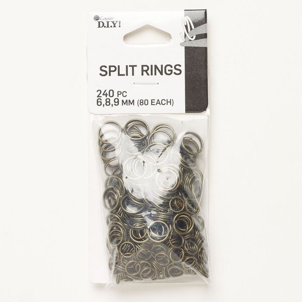 Split ring assortment, antique brass-finished steel, 6mm round / 8mm round / 9mm round. Sold per pkg of 240. image number 0