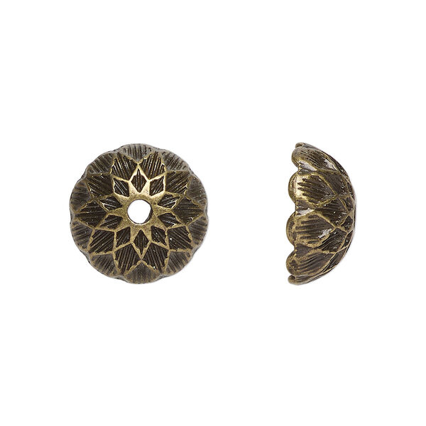 Bead cap, antiqued brass-finished "pewter" (zinc-based alloy), 14x7mm round, fits 14-15mm beads. Sold per pkg of 10. image number 0