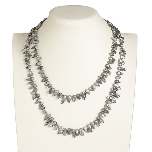 Necklace, cultured freshwater pearl (dyed / coated), grey and white, 10x6mm-24x10mm baroque, 48-inch knotted continuous loop. Sold individually. image number 0