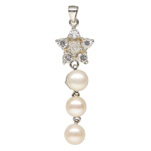 Pendant, silver-finished "pewter" (zinc-based alloy) / glass / glass pearl, peach and clear, 46x15mm star. Sold individually. image number 0