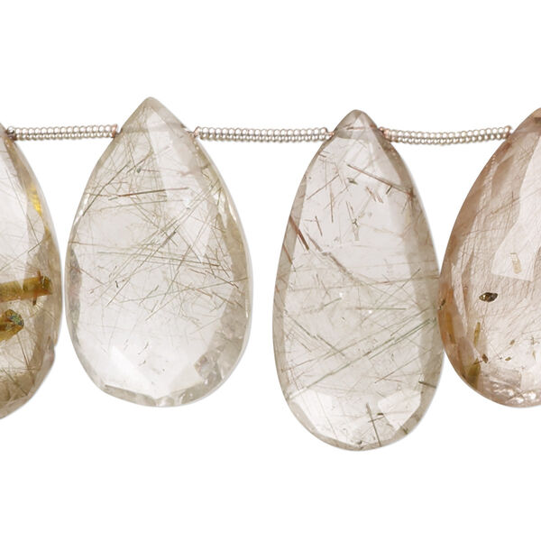 Golden rutilated quartz / red hair quartz 1pkg13, hand-cut top-drilled faceted puffed teardrop bead natural 20x13mm-28x17mm image number 0
