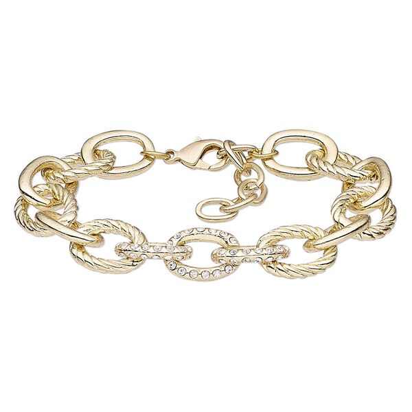 Bracelet, glass rhinestone / gold-finished brass / steel / "pewter" (zinc-based alloy), clear, 14mm cable, 6-1/2 inches with 1-1/2 inch extender chain and lobster claw clasp. Sold individually. image number 0