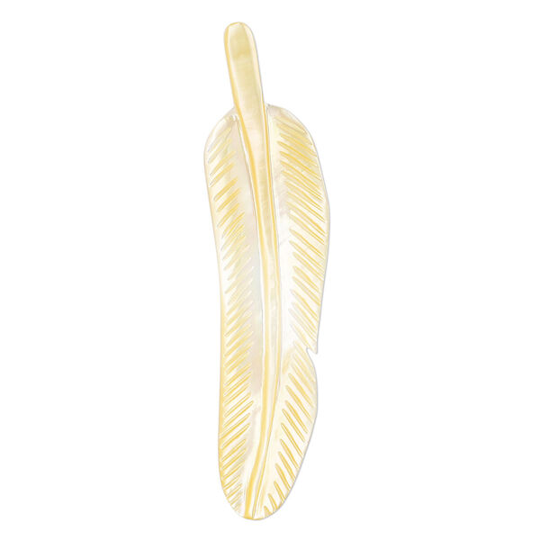 Focal, gold lip shell (natural), 2-1/3 x 2/3 inch hand-cut top-drilled single-sided carved feather, Mohs hardness 3-1/2. Sold individually. image number 0
