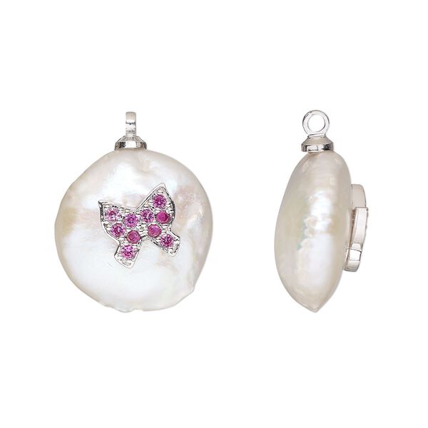 Drop, cubic zirconia / cultured freshwater pearl (bleached) / silver-finished brass, white and pink, 13-14mm single-sided round with butterfly design. Sold individually. image number 0