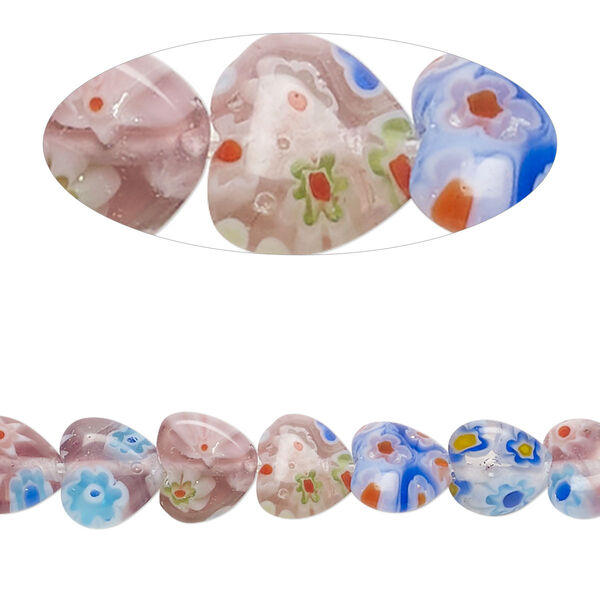 Bead, millefiori glass, translucent multicolored, 7mm-9x8mm puffed heart. Sold per 14-inch strand. image number 0