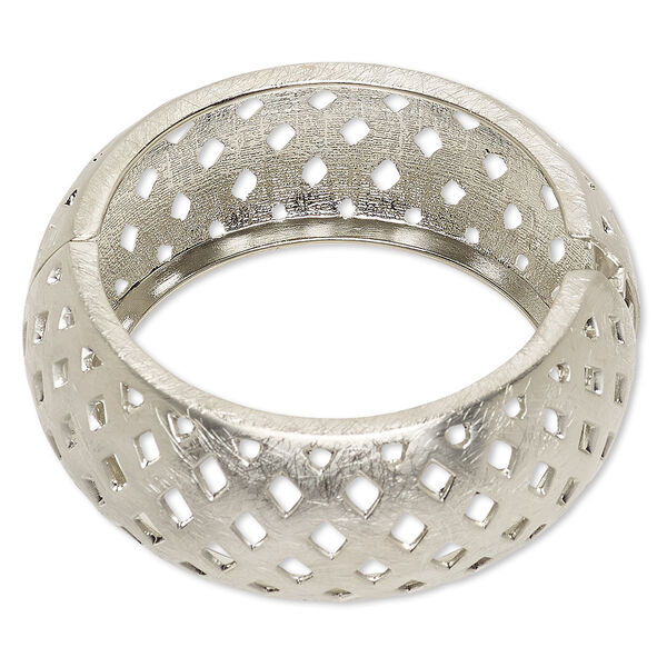Bracelet, hinged bangle, imitation rhodium-plated steel and "pewter" (zinc-based alloy), 29.5mm wide brushed with basket weave cutout design, 7-1/2 inches. Sold individually. image number 0