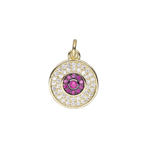Drop, cubic zirconia and gold-finished brass, clear and pink, 12.5mm single-sided round with 5mm open jump ring. Sold individually. image number 0